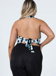 back view of model wearing Princess Polly Botanic Sky Halter Top Blue 