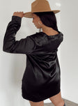 back view of model wearing Princess Polly 90210 Satin Shirt Mini Dress Black Curve 