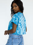 back view of model wearing Princess Polly Annandale Blue Tie-Dye Cropped Tee 