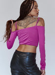 back view of model wearing Princess Polly Zinnia Long Sleeve Top Purple 