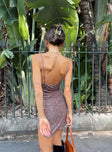 back view of model wearing Princess Polly Motel Tintin Dress Flower Garden Brown 