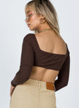 back view of model wearing Princess Polly Becca Long Sleeve Crop Top Brown Full Sleeves Square Neck 