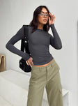 Front view of model wearing  front Princess Polly Full Sleeves High Neck  Arnim Long Sleeve Top Grey