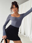 front view of model wearing Princess Polly Mallard Bodysuit Grey Full Sleeves Scoop Neck 