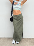 Front view of model wearing  front Devine Cargo Maxi Skirt Khaki Princess Polly  Maxi 