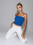 Front view of model wearing  front Princess Polly Sleeveless Asymmetric Neckline  Bettany Tube Top Blue