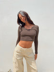 Front view of model wearing  front Princess Polly Full Sleeves Square Neck  Laurina Long Sleeve Top Brown