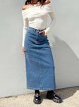 Front view of model wearing  front Harben Denim Maxi Skirt Princess Polly  Maxi 