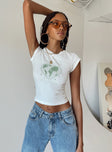 Front view of model wearing  front Princess Polly Short Sleeves Square Neck  Peace and Love Longline Tee White