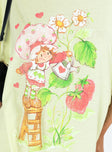 Front view of model wearing  front Princess Polly Three Fourth Sleeves Crew Neck  Strawberry Girl Oversized Tee Green