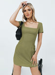 Front view of model wearing  front Princess Polly Asymmetric Neckline  Hastings Mini Dress Khaki