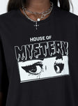 Front view of model wearing  front Princess Polly Three Fourth Sleeves High Neck  House Of Mystery Oversized Tee Black