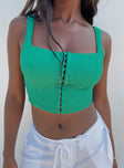 back view of model wearing Princess Polly Bryleigh Top Green Sleeveless Square Neck 