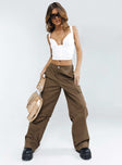 Front view of model wearing  front Princess Polly High Waisted Pants  Fallout Mid Rise Cargo Pants Brown