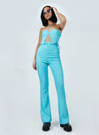 front view of model wearing Princess Polly Mid Way Laced Flare Pants Blue 