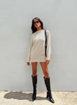 Front view of model wearing  front Princess Polly High Neck  Harmony Knit Mini Dress Beige