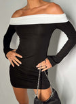 Front view of model wearing  front Princess Polly Boat Neck  Anya Mini Dress Black / White