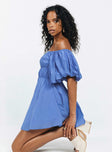 Front view of model wearing  front Princess Polly Asymmetric Neckline  Halton Mini Dress Blue