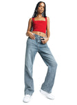 Front view of model wearing  front Princess Polly Low Rise Jeans  Hoban Jeans Mid Wash Denim