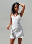 Front view of model wearing  front Princess Polly High Neck  Agnola Lace Trim Mini Dress White