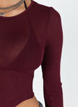 back view of model wearing Princess Polly Sydelle Long Sleeve Top Maroon Full Sleeves Crew Neck 