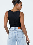 back view of model wearing Princess Polly Zoe Bodysuit Black Sleeveless Scoop Neck 