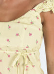 Front view of model wearing  front Princess Polly Short Sleeves Asymmetric Neckline  Seacrest Top Yellow Floral