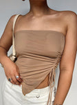 Front view of model wearing  front Princess Polly Sleeveless Asymmetric Neckline  Morello Strapless Top Beige