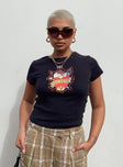 front view of model wearing Princess Polly Taz You Devel Longline Baby Tee Black Short Sleeves Crew Neck 