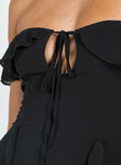 Front view of model wearing  front Princess Polly Asymmetric Neckline  Molins Off The Shoulder Mini Dress Black