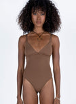 front view of model wearing Princess Polly Gazel Bodysuit Brown Sleeveless Plunger 