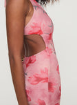 side view of model wearing Princess Polly Maillard Halter Maxi Dress Pink V-Neck 