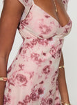 front view of model wearing Princess Polly Trigg Mini Dress Pink Floral Plunger 