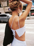 back view of model wearing Princess Polly Collied Asymmetric Top Blue / White Stripe Sleeveless Asymmetric Neckline 