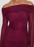 back view of model wearing Princess Polly Consideration Mini Dress Burgundy Straight Neck 