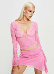 Front view of model wearing  front Princess Polly Full Sleeves Square Neck  Rendez Lace Long Sleeve Top Pink