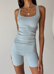 Front view of model wearing  front Princess Polly Sleeveless Square Neck  Gemima Top Blue