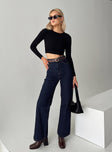 Front view of model wearing  front Princess Polly High Waisted  Zephee Wide Leg Jeans Dark Wash