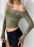 Front view of model wearing  front Princess Polly Full Sleeves Asymmetric Neckline  Moreno Off The Shoulder Top Green