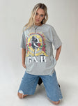 Front view of model wearing  front Princess Polly Half Sleeves High Neck  Guns & Roses Illusion Oversized Tee Grey