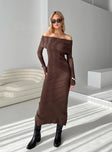 Front view of model wearing  front Princess Polly Square Neck  Phylis Off The Shoulder Maxi Dress Chocolate