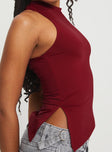 back view of model wearing Princess Polly Till Next Time Top Burgundy Sleeveless High Neck 