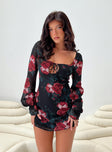 Front view of model wearing  front Princess Polly Square Neck  Bayford Long Sleeve Mini Dress Red / Black Petite