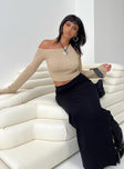 Beige long sleeve top Ribbed knit material  Off the shoulder design  Flared sleeves Good stretch 