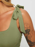 back view of model wearing Princess Polly Ashling Top Green Sleeveless Square Neck 