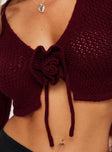 back view of model wearing Princess Polly Rosey Tie Up Long Sleeve Top Burgundy Full Sleeves V-Neck 