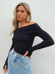 Front view of model wearing  front Morley Off Shoulder Sweater Black Princess Polly  Cropped 