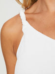 back view of model wearing Princess Polly Messenger One Shoulder Top White Sleeveless Asymmetric Neckline 