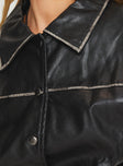 Faux leather jacket Contrast-washed black throughout, classic collar, twin hip pockets, ribbed cuffs & waist, magnetic button fastening at front Non-stretch material, fully lined 