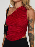 front view of model wearing Princess Polly Brinstead One Shoulder Top Red Sleeveless Asymmetric Neckline 